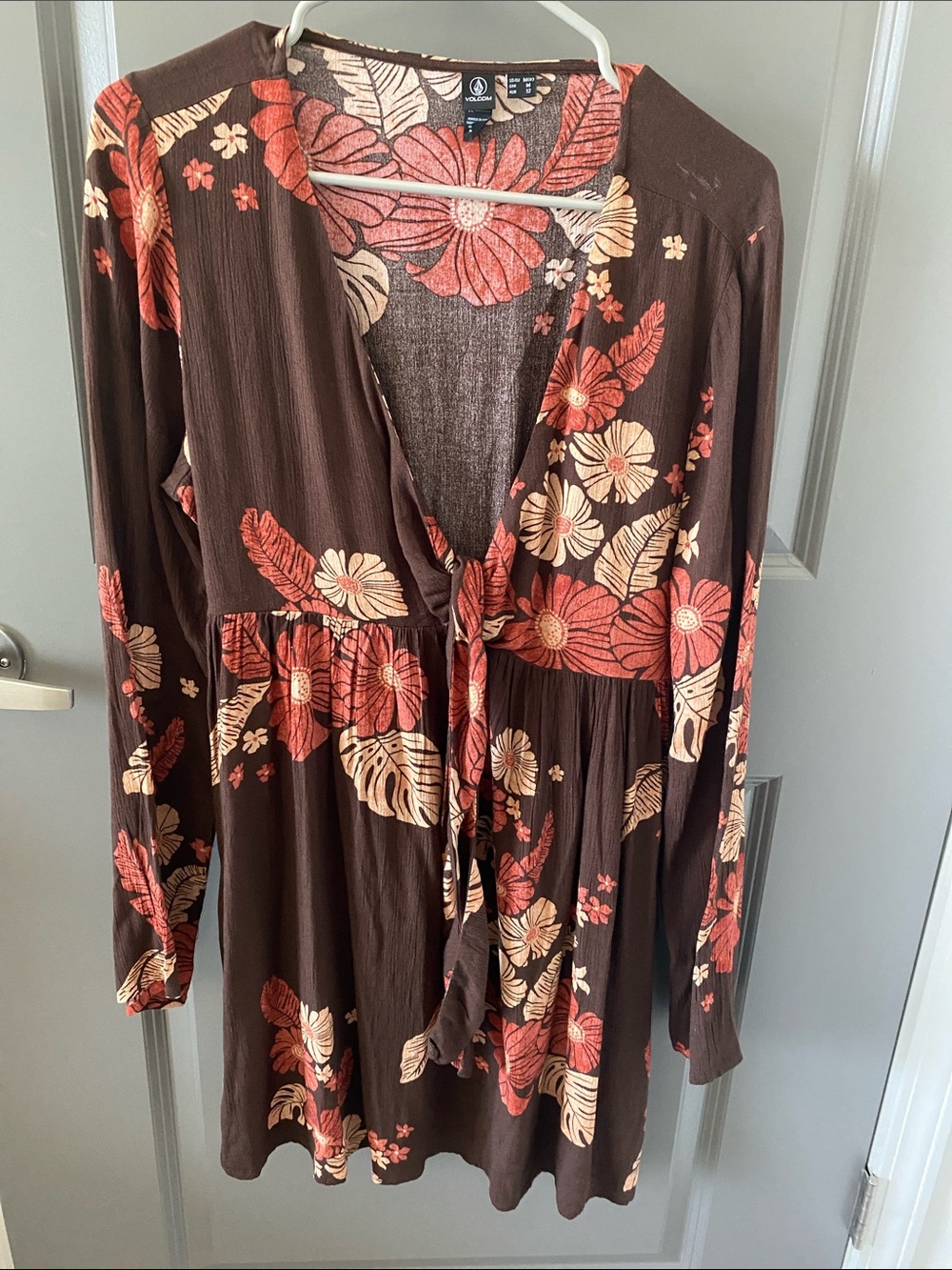 Volcom Brown Floral Long Sleeve Dress with Coral and Cream Flowers